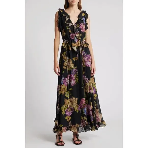 Kobi Halperin Floral Lesley Ruffle Midi Dress Women's Size S NWT